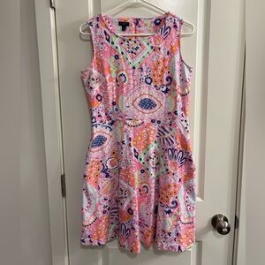 Talbots Pink and Blue A-Line Paisley Cotton Midi Dress With Pockets Size MediumP